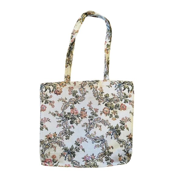 Floral Tapestry Tote Bag With Dual Handles Handbag Purse Womens Zipper Closure - Picture 5 of 9